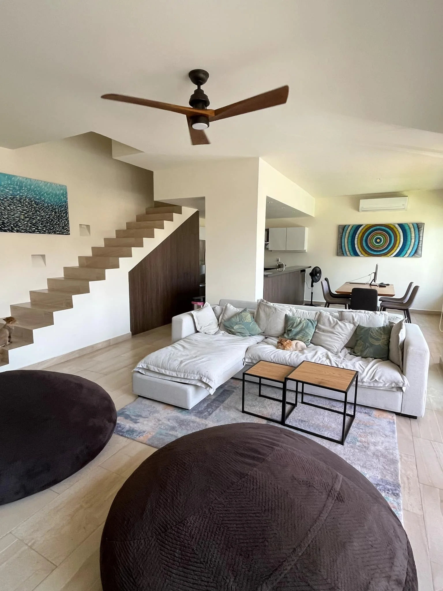 Área abierta con sala, comedor y cocina equipada