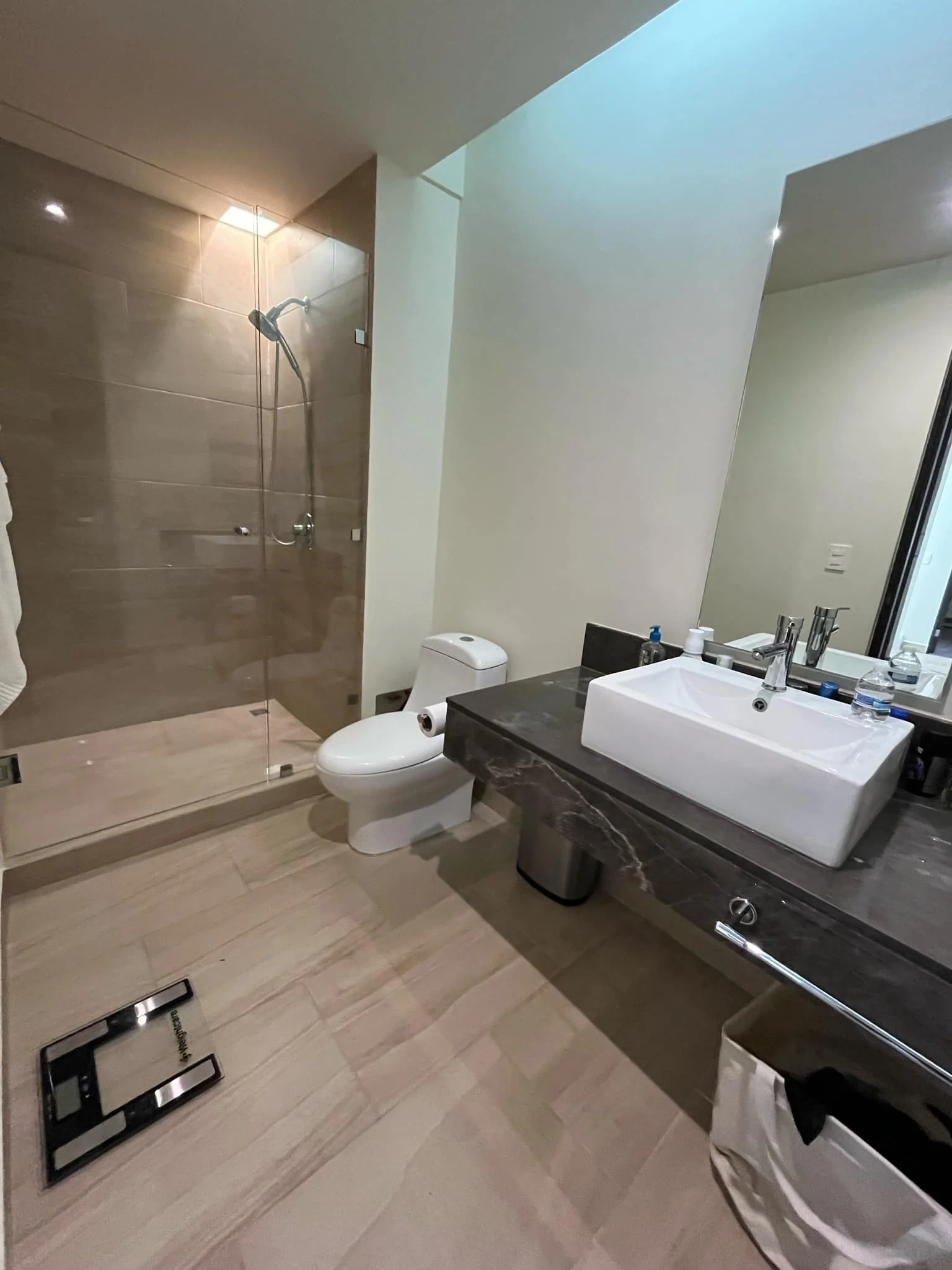 Baño moderno con cancel de vidrio y cubierta de piedra