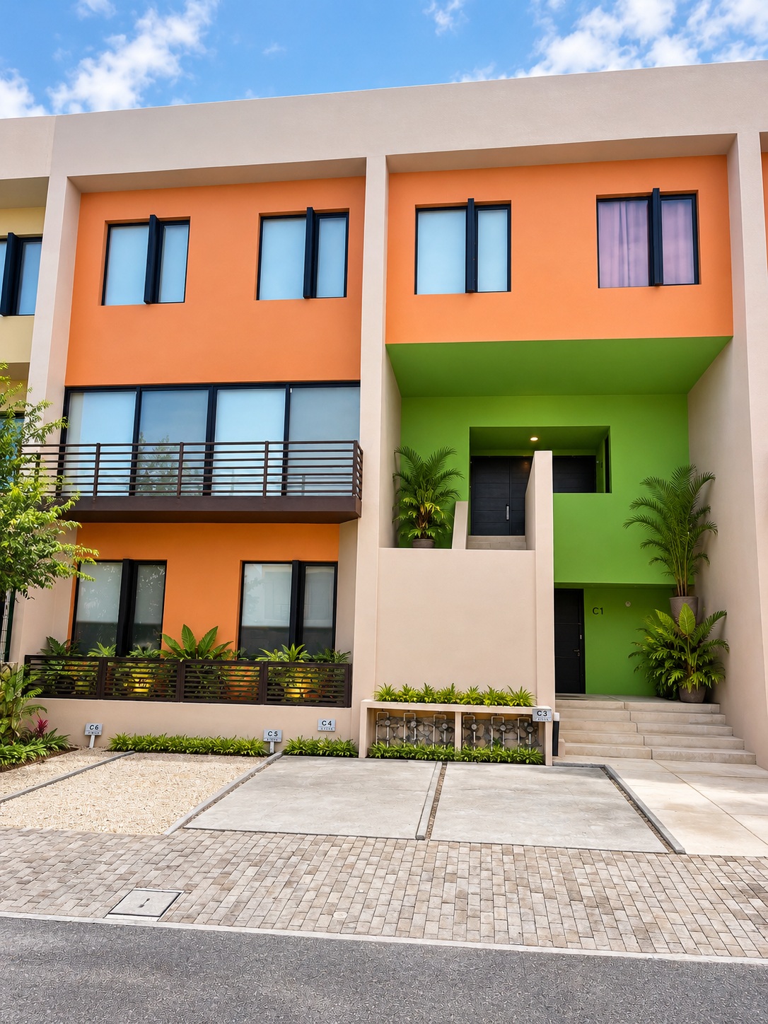 Front facade of the orange and green Aleda building with parking spaces C3-C6 in front
